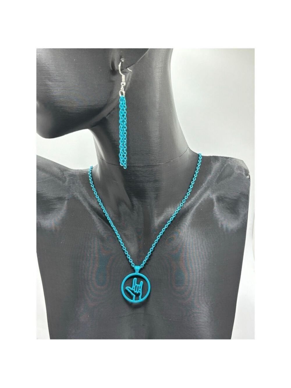 I Love You Hand Sign Necklace Earring Set Teal NWOT - Picture 4 of 5